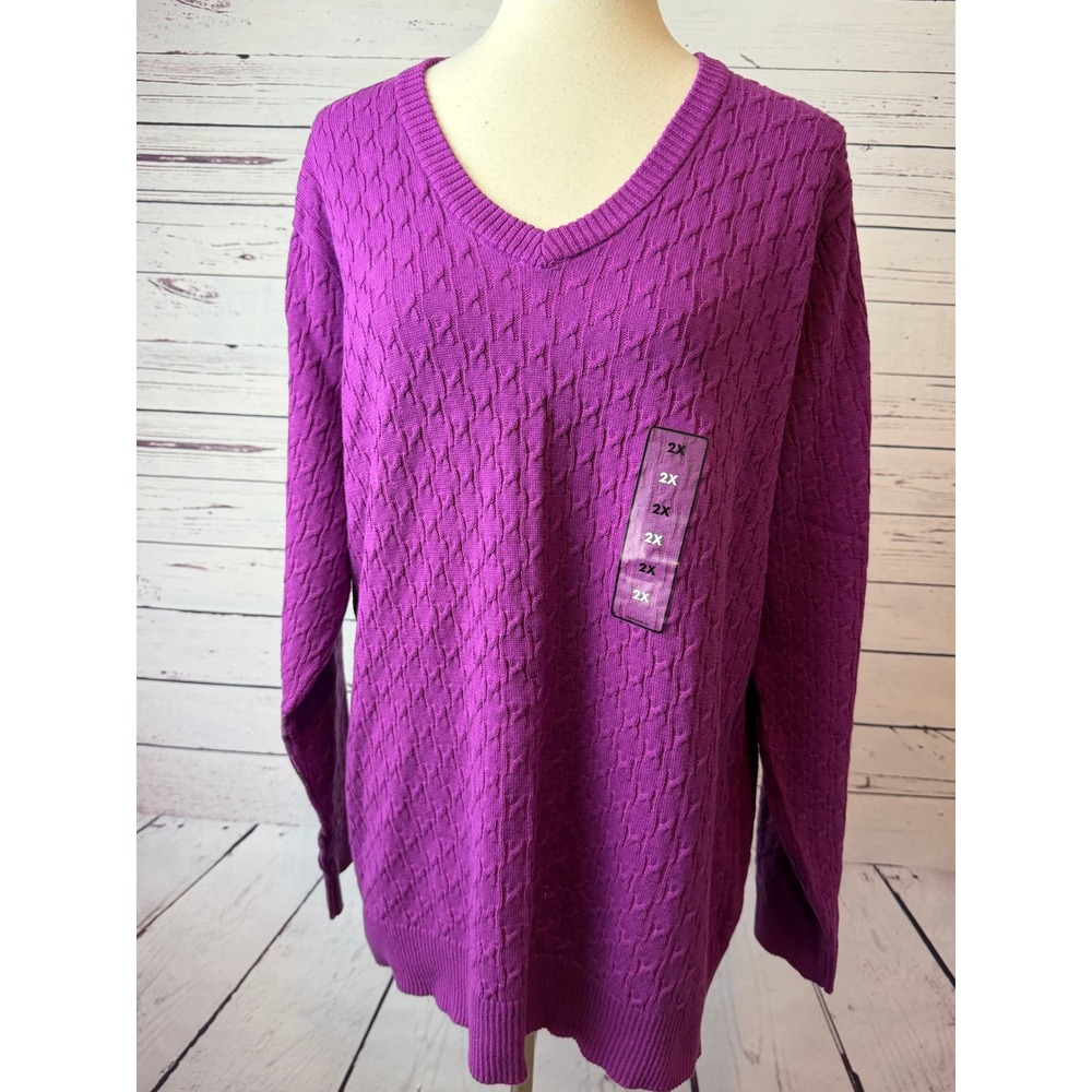 Basic Editions Sweater Plus Size 2X Purple V-Neck Cable Knit Pullover NWT Kmart